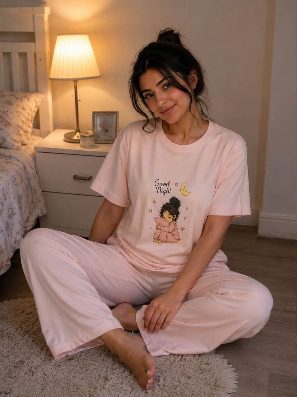 Women's Pink Cotton Pajama Set – Good Night Print