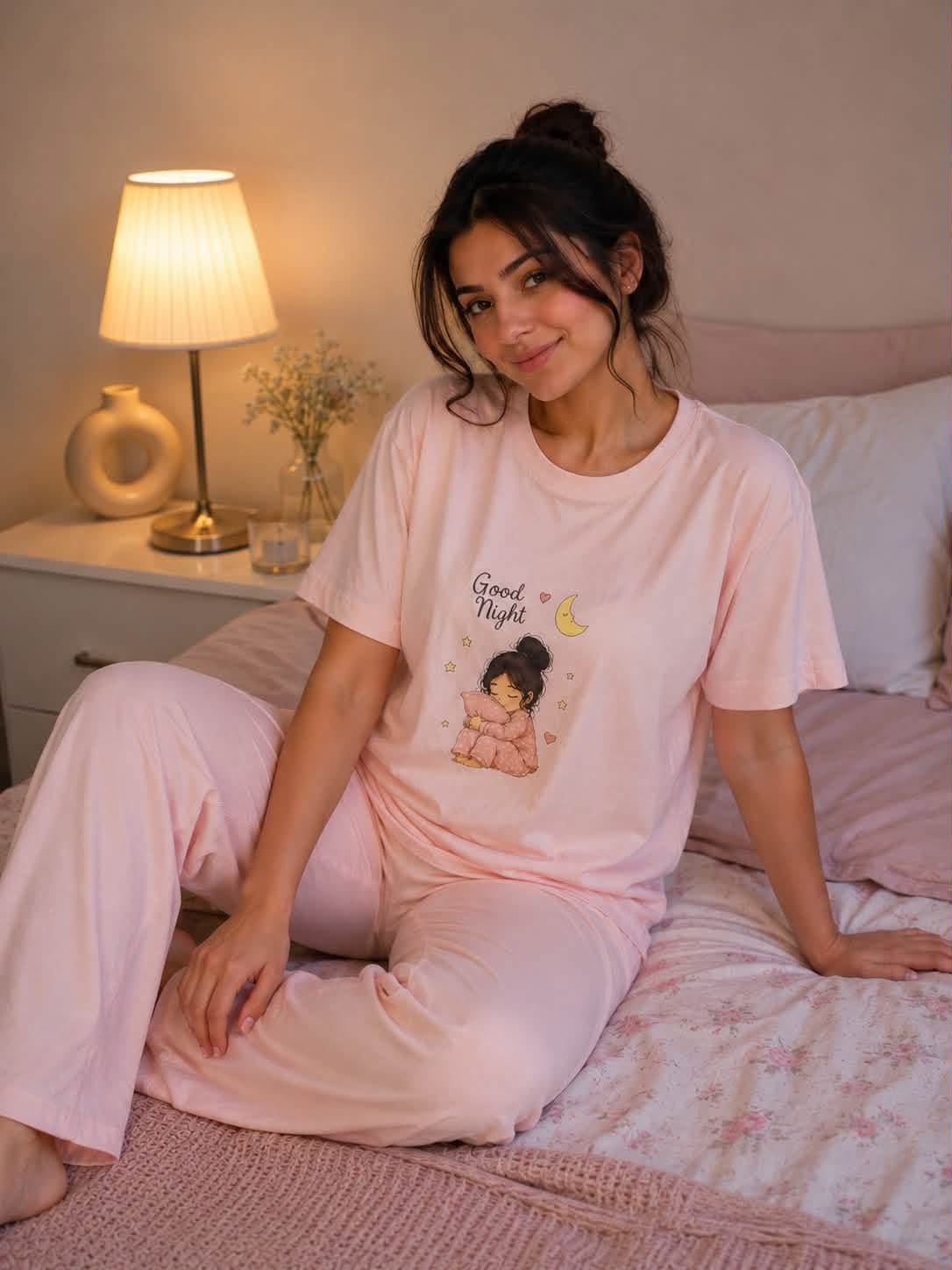 Women's Pink Cotton Pajama Set – Good Night Print