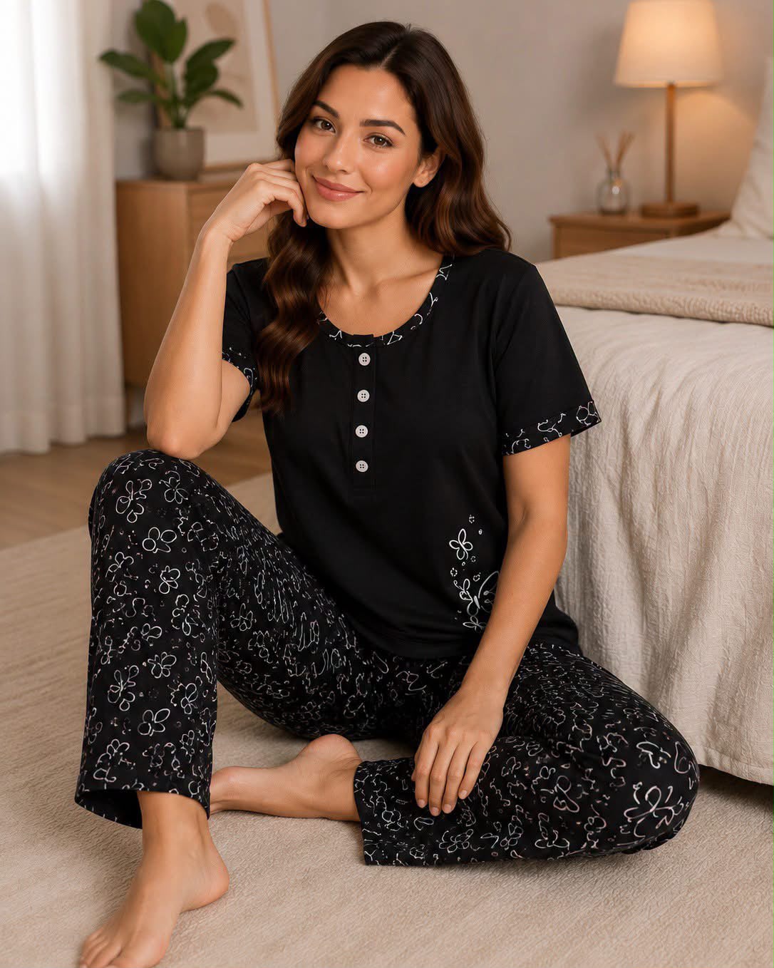 Women's Black Cotton Pajama Set – Floral Print