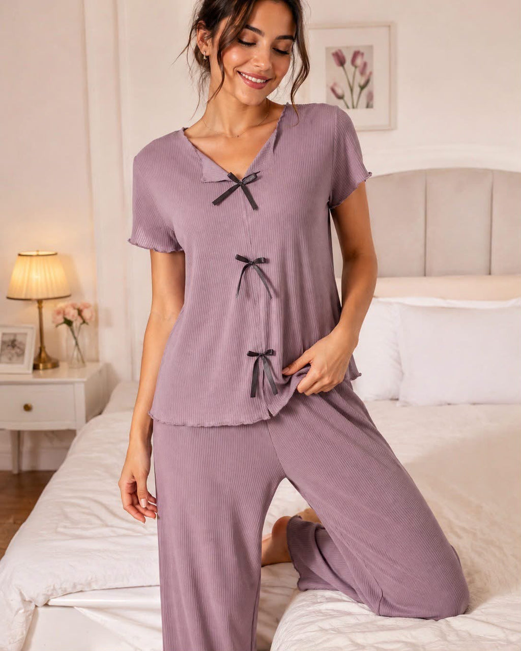 Women's Mauve Cotton Pajama Set – Bow Detail