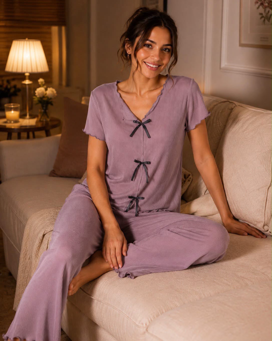 Women's Mauve Cotton Pajama Set – Bow Detail