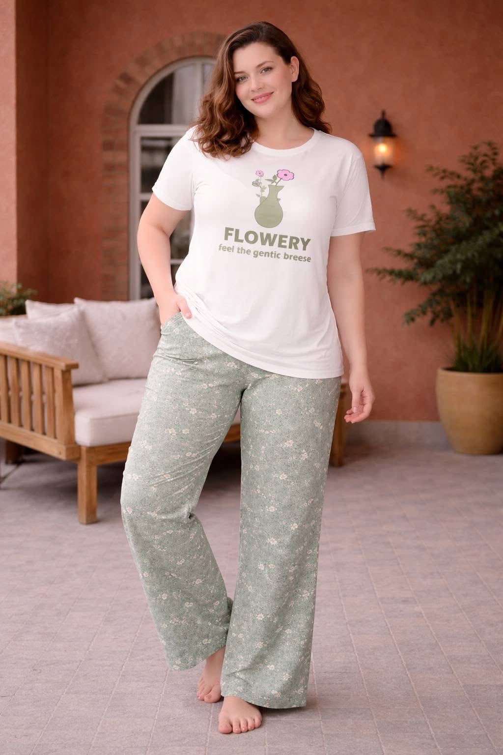 Women's White & Green Floral Cotton Pajama Set
