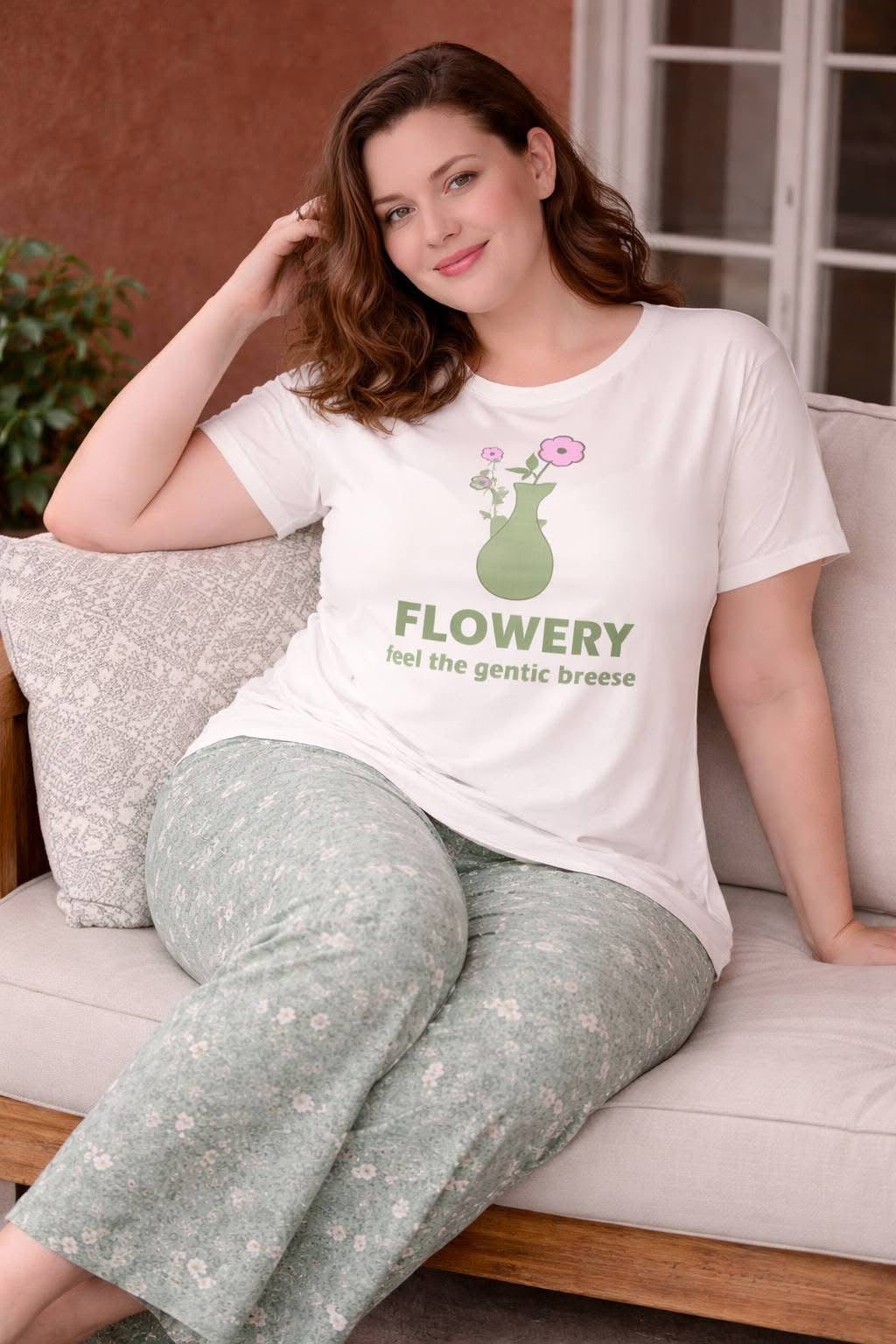 Women's White & Green Floral Cotton Pajama Set