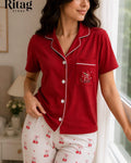 Women's Red Cotton Pajama Set – Cherry Print