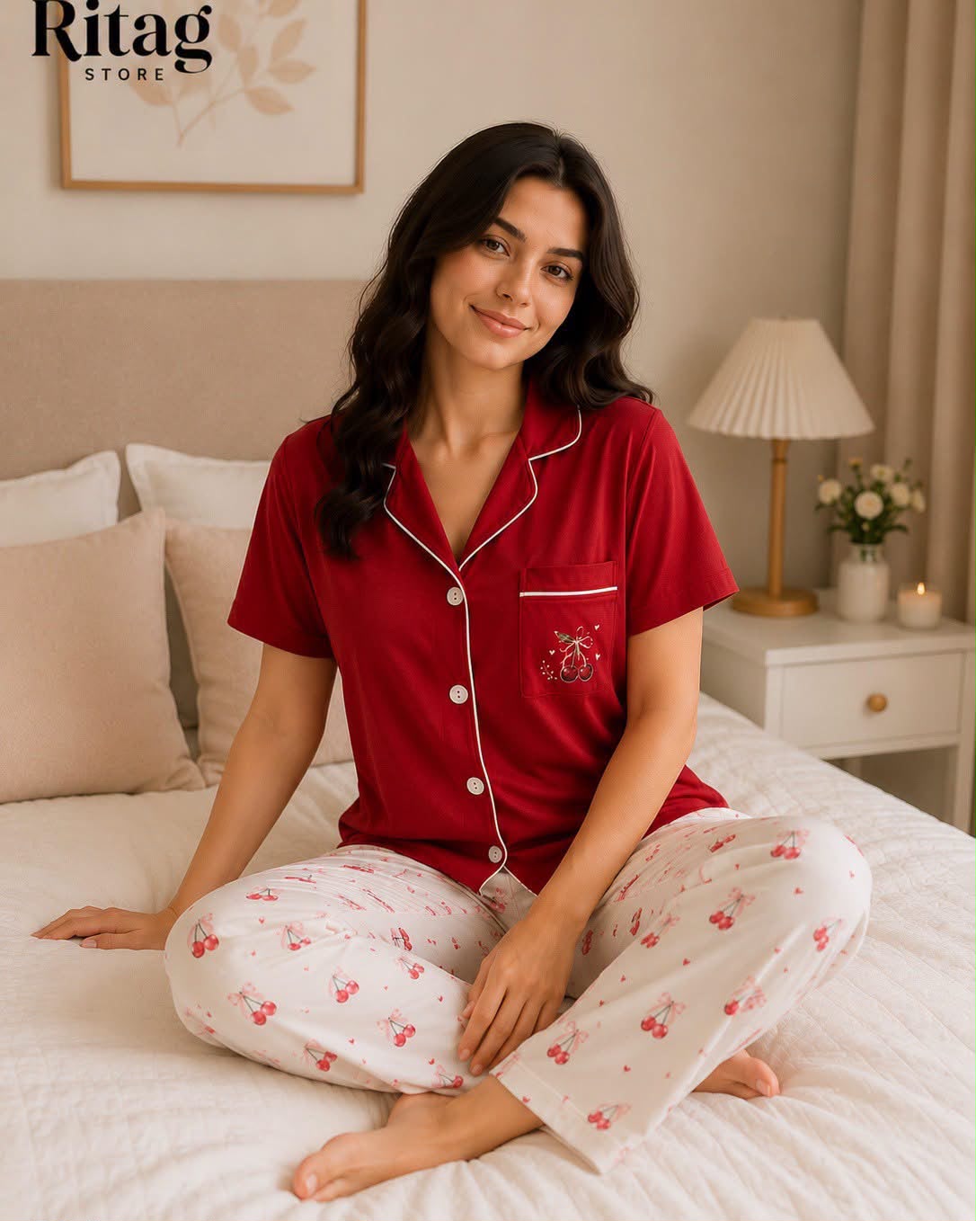 Women's Red Cotton Pajama Set – Cherry Print