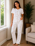 Women's Teddy Bear Print Button-Up Pajama Set