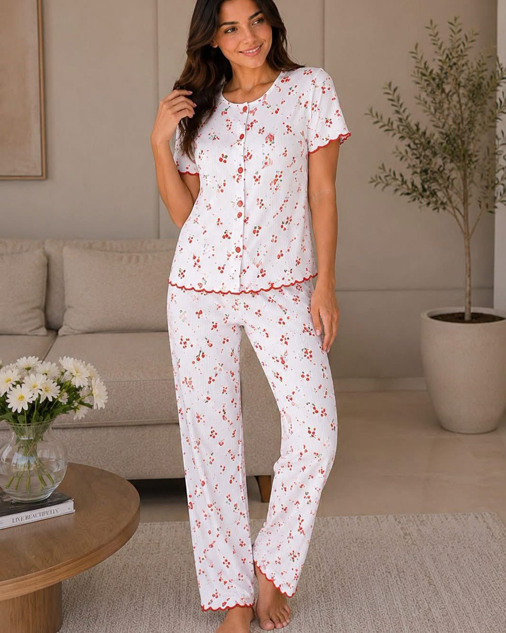 Women's Floral Print Button-Up Pajama Set