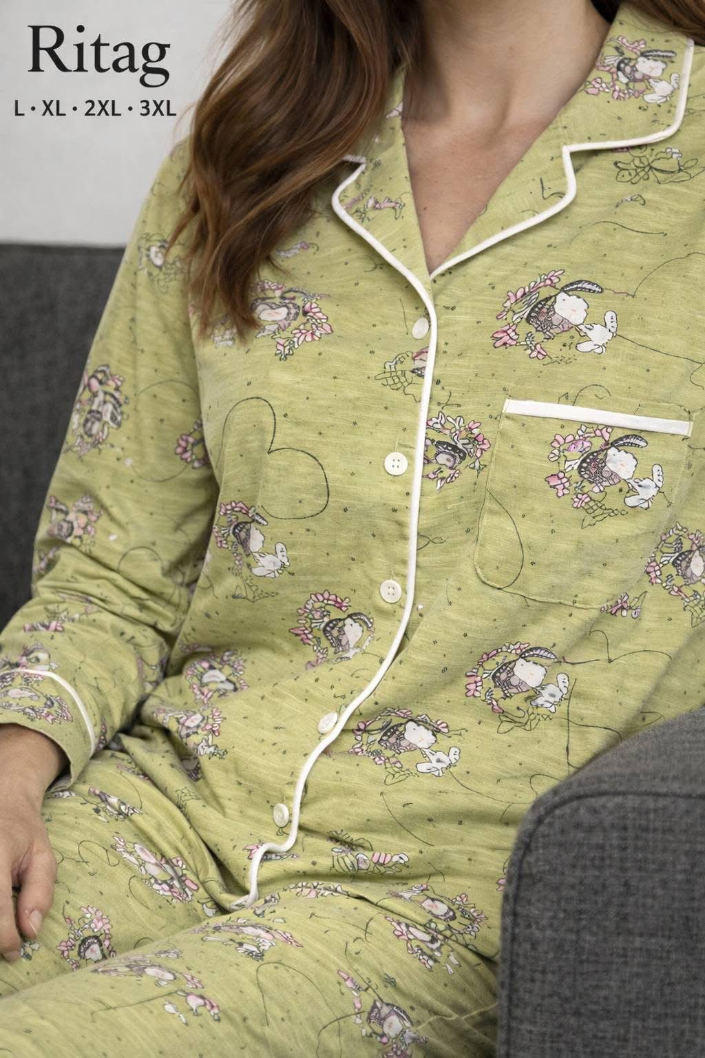 Women's Green Cartoon Print Pajama Set