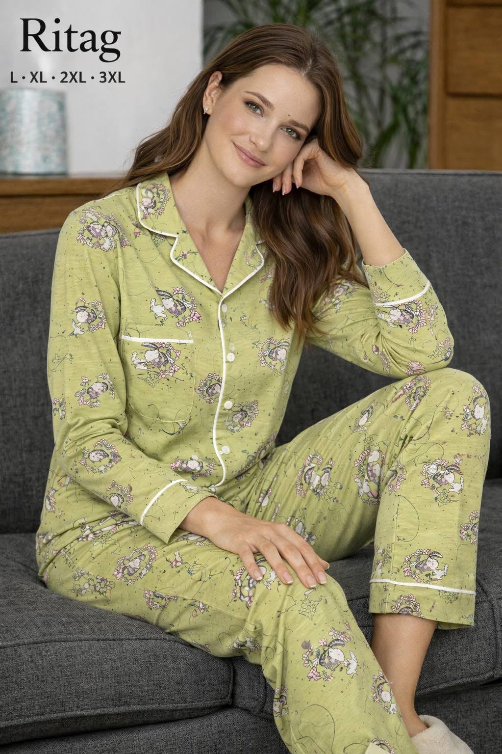 Women's Green Cartoon Print Pajama Set