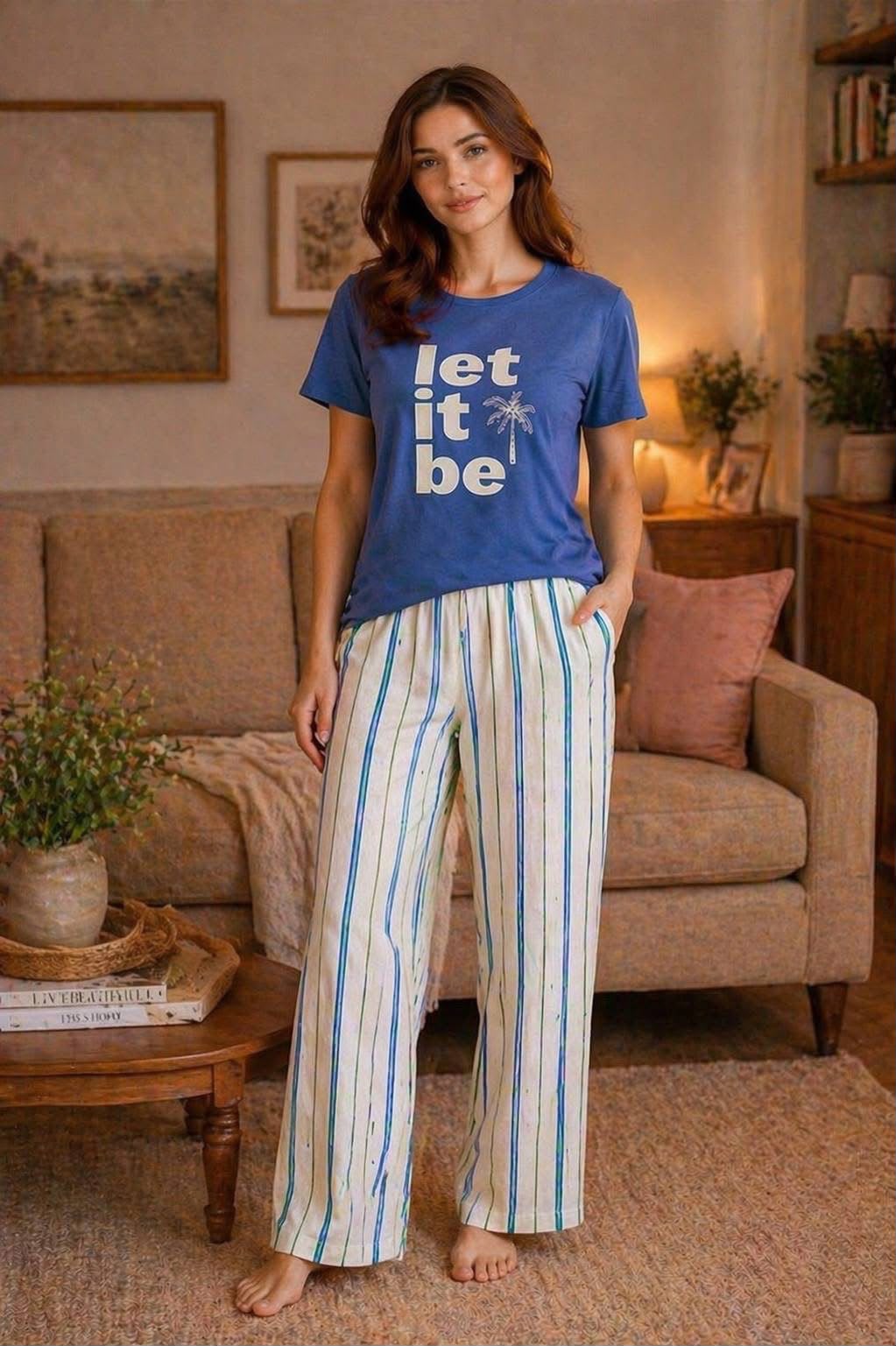 Women's Blue Graphic Tee & Striped Pajama Set