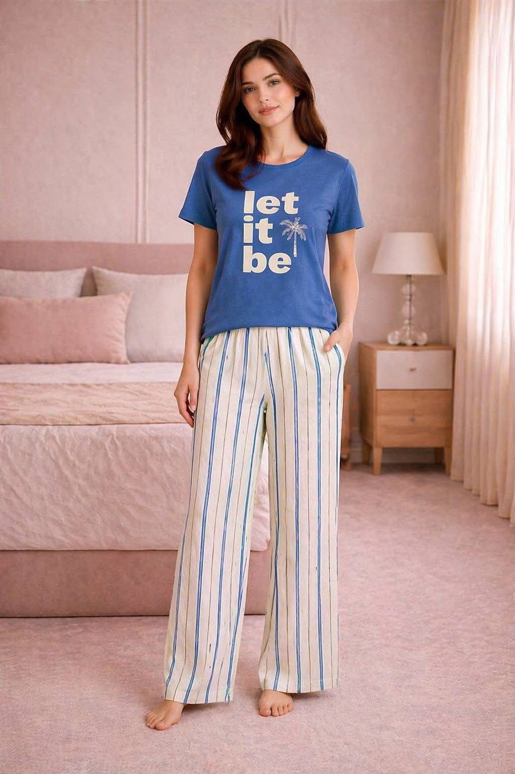 Women's Blue Graphic Tee & Striped Pajama Set
