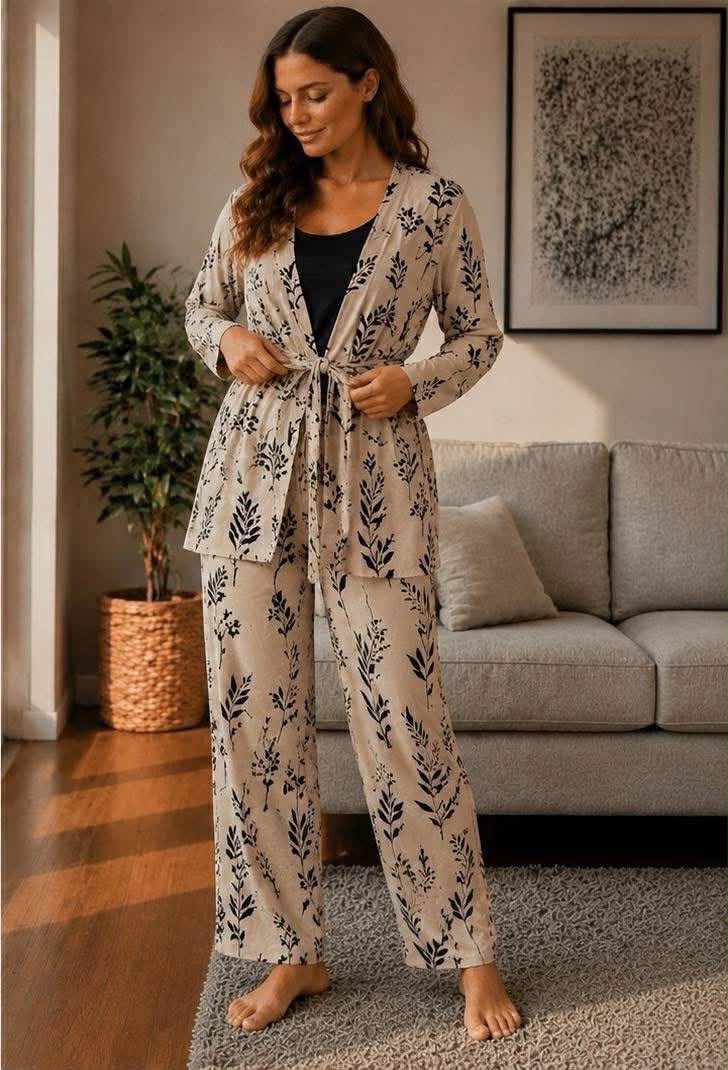 Women's Floral Print 3-Piece Pajama Set