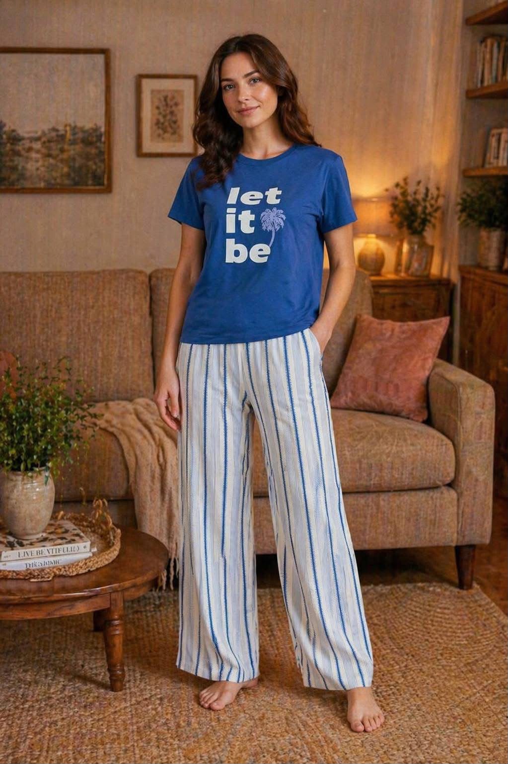Women's Blue Graphic Tee & Striped Pajama Set
