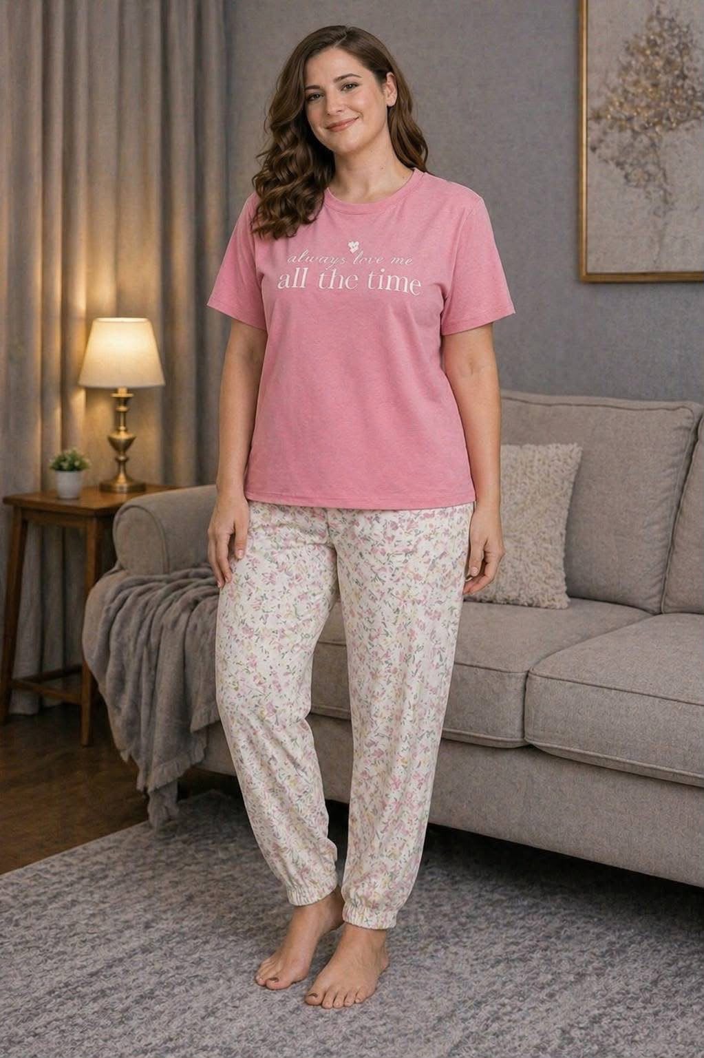 Women's Pink Graphic Tee & Floral Jogger Pajama Set