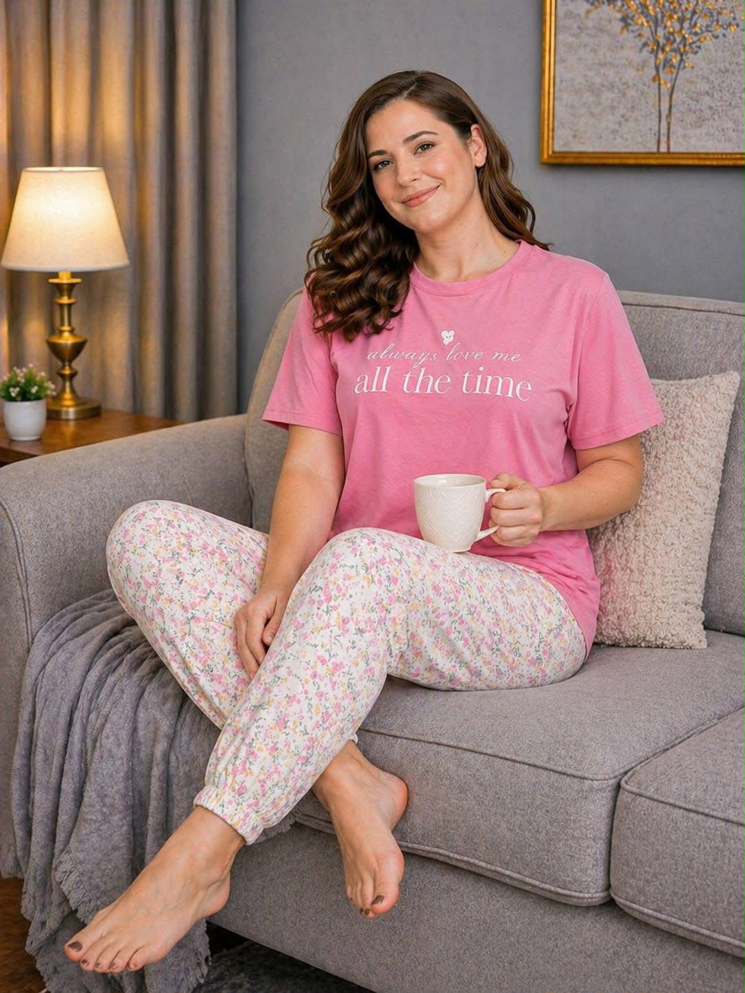 Women's Pink Graphic Tee & Floral Jogger Pajama Set