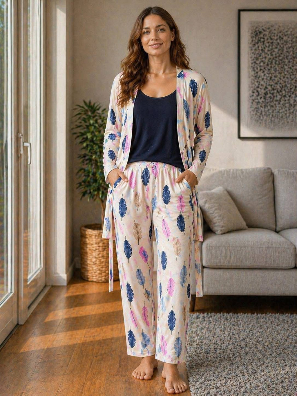 Women's Feather Print 3-Piece Pajama Set