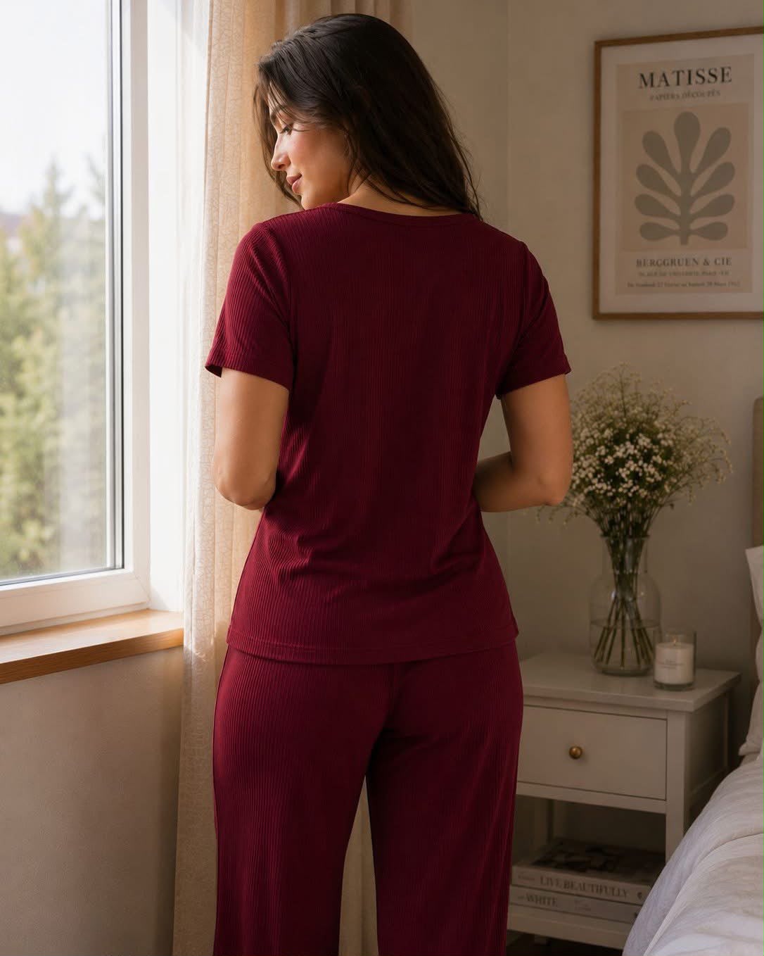 Women's Burgundy Ruched Top & Wide-Leg Pajama Set