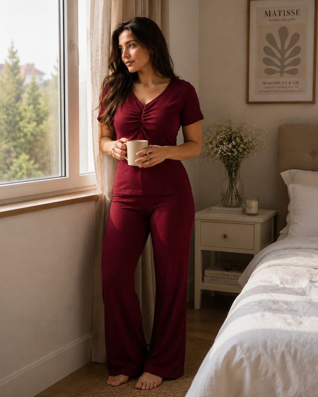 Women's Burgundy Ruched Top & Wide-Leg Pajama Set
