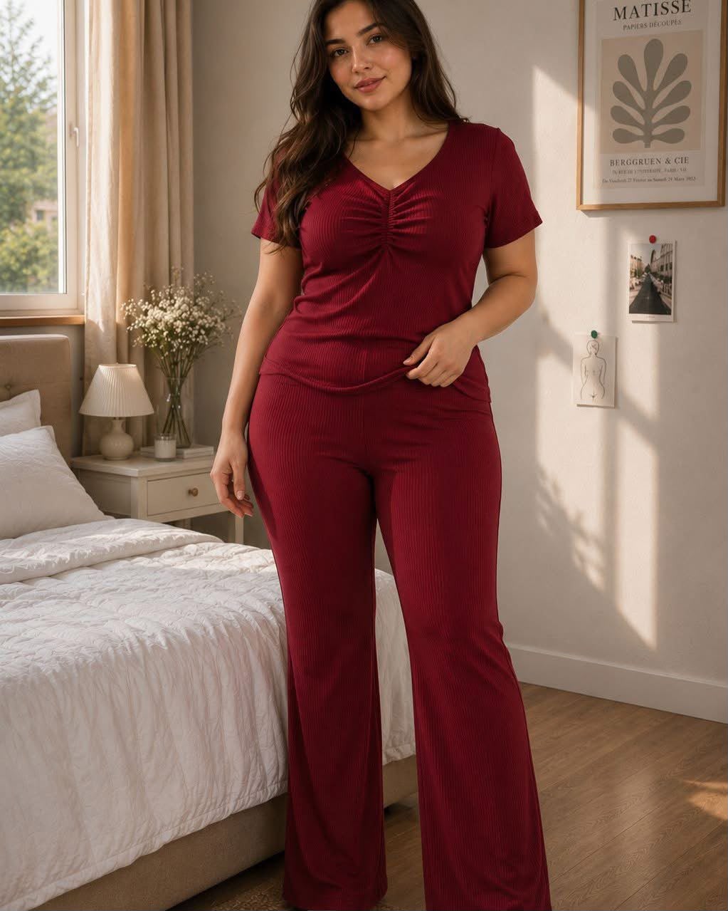 Women's Burgundy Ruched Top & Wide-Leg Pajama Set