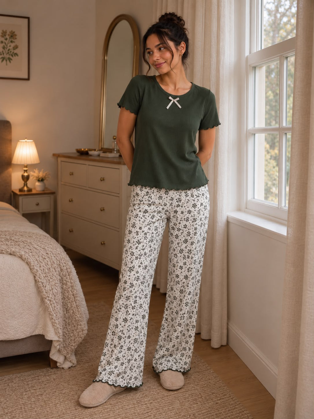Women's Green Top & Floral Print Pajama Set