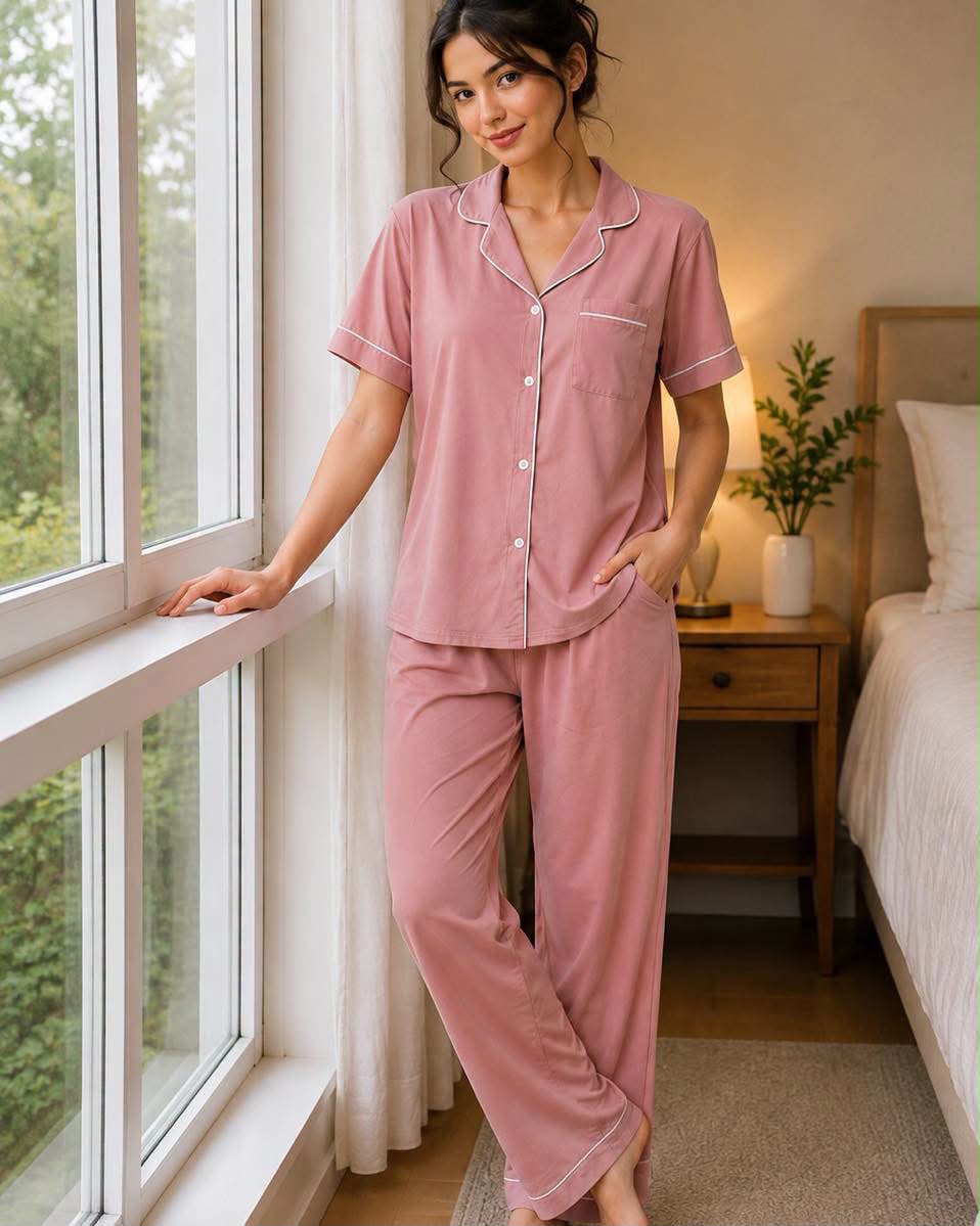 Women's Pink Classic Button-Up Pajama Set