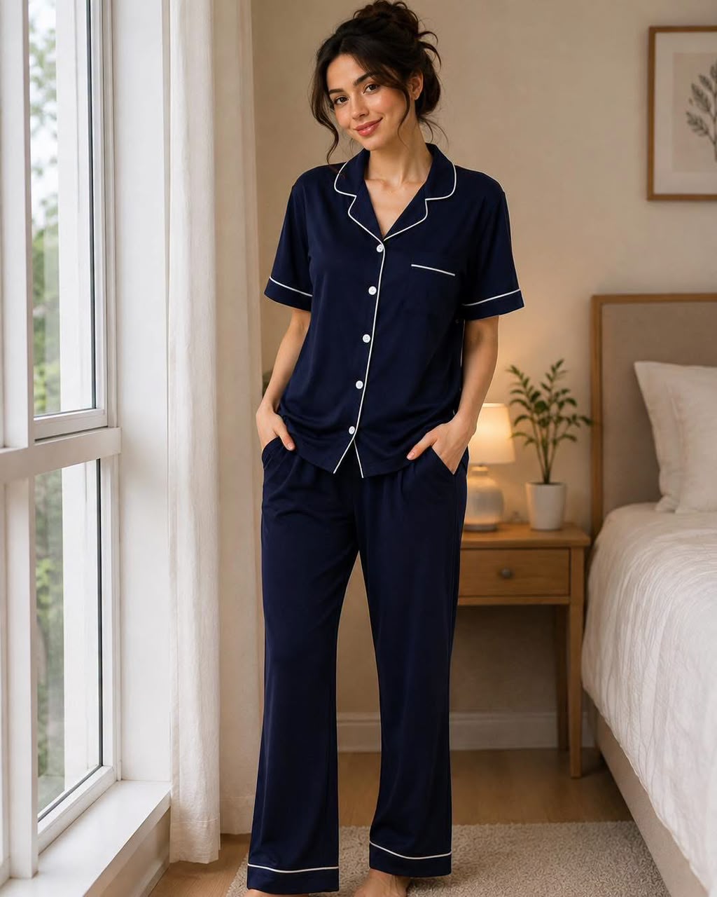 Women's Navy Blue Classic Button-Up Pajama Set
