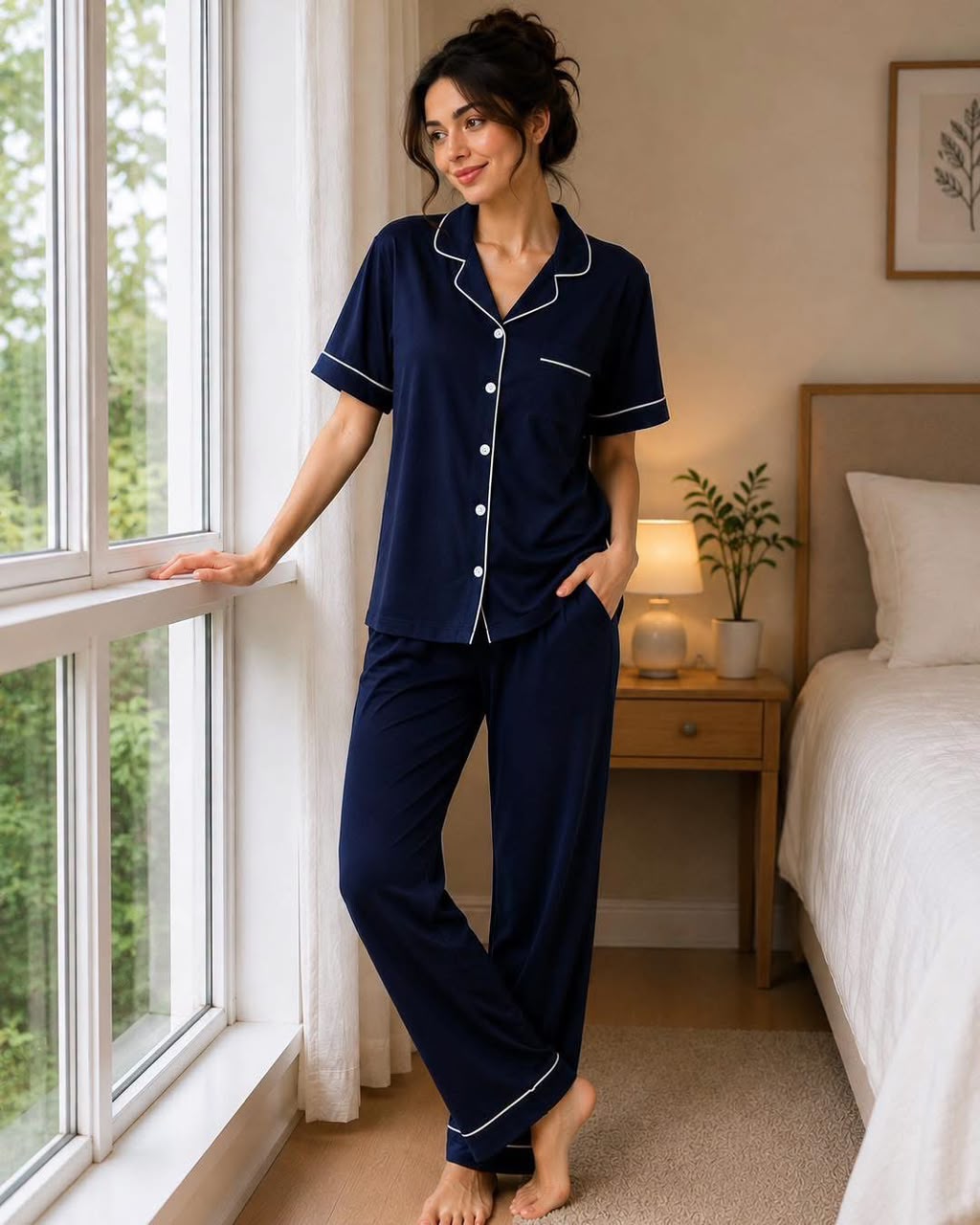 Women's Navy Blue Classic Button-Up Pajama Set