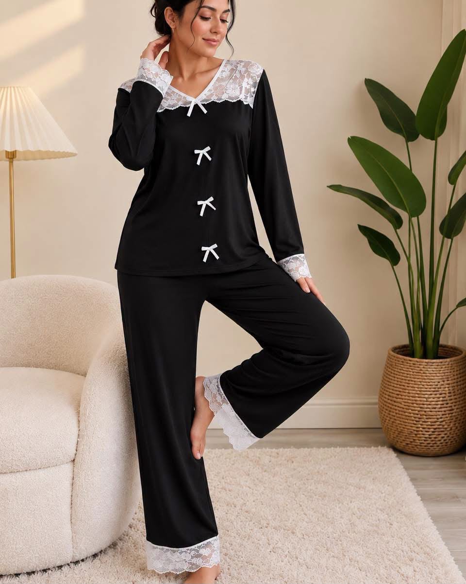 Women's Black Lace Trim Bow Detail Pajama Set