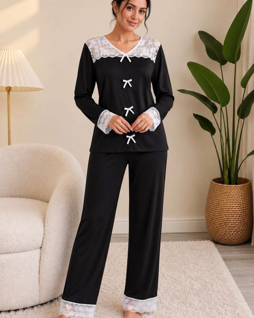 Women's Black Lace Trim Bow Detail Pajama Set