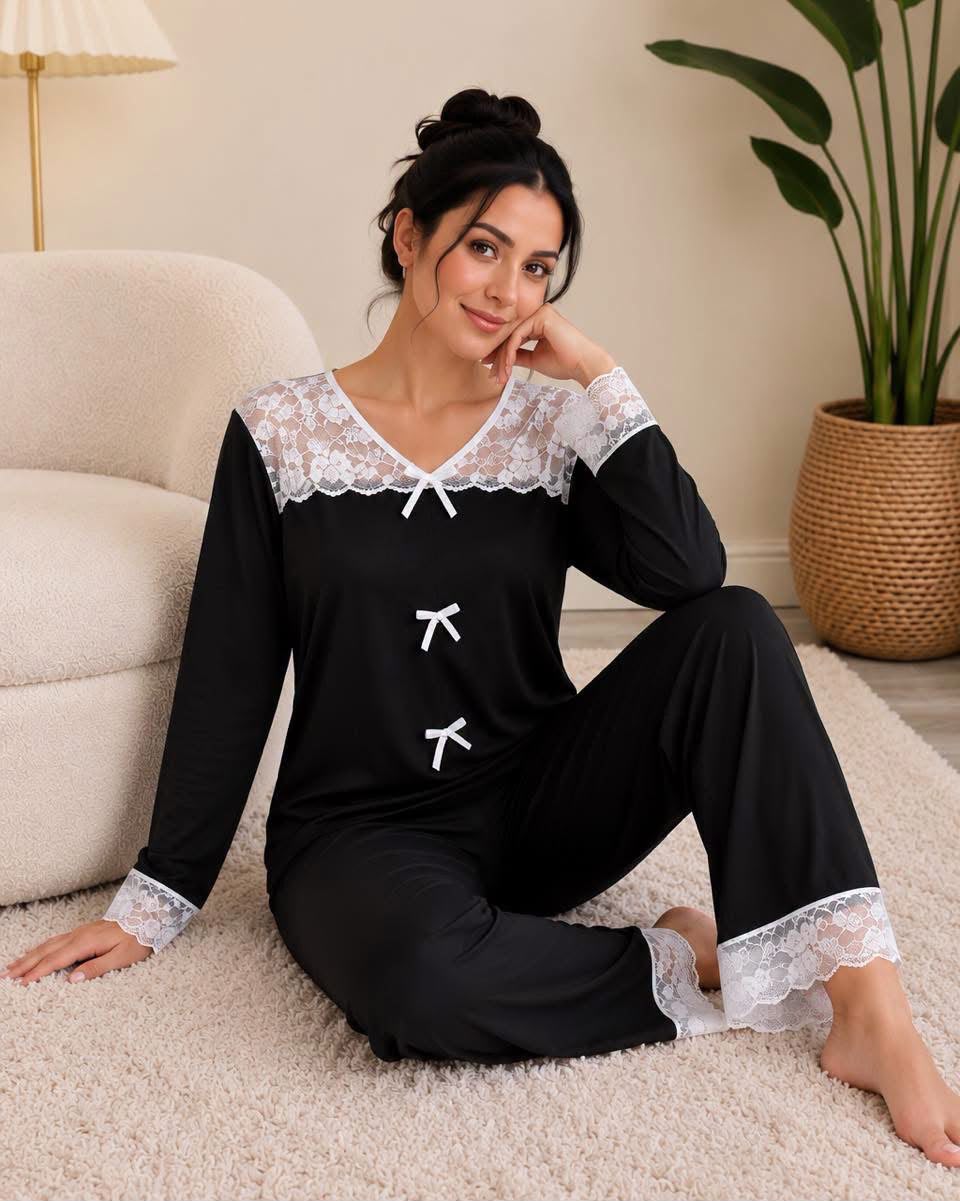 Women's Black Lace Trim Bow Detail Pajama Set