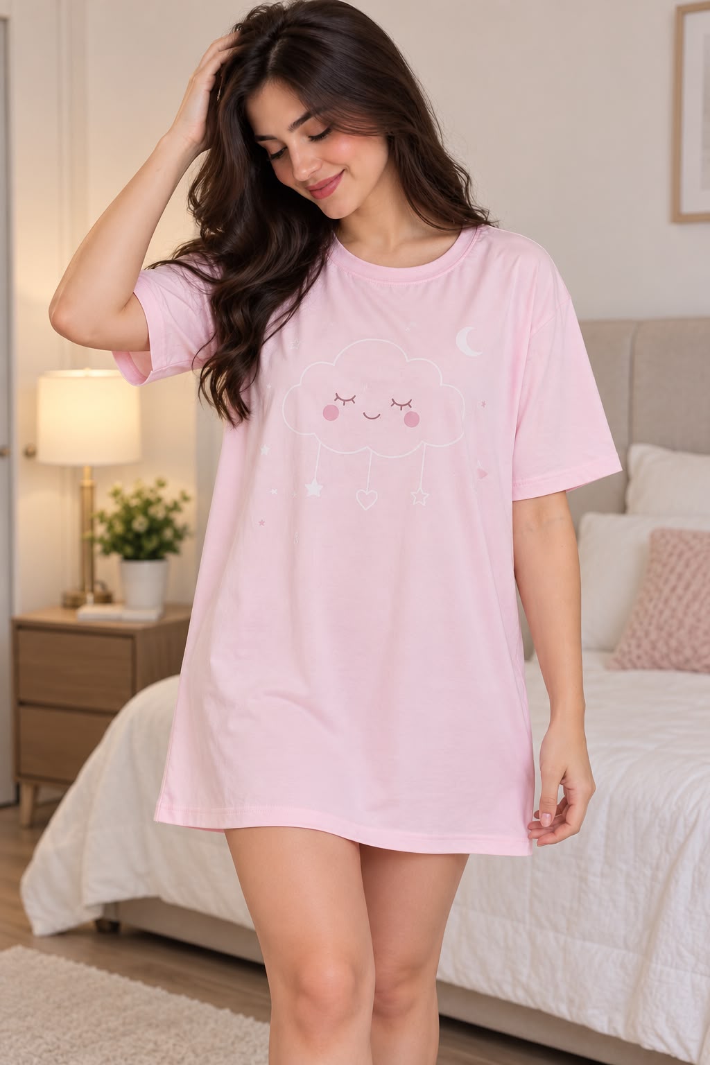 Women's Pink Cloud Print Short Nightdress