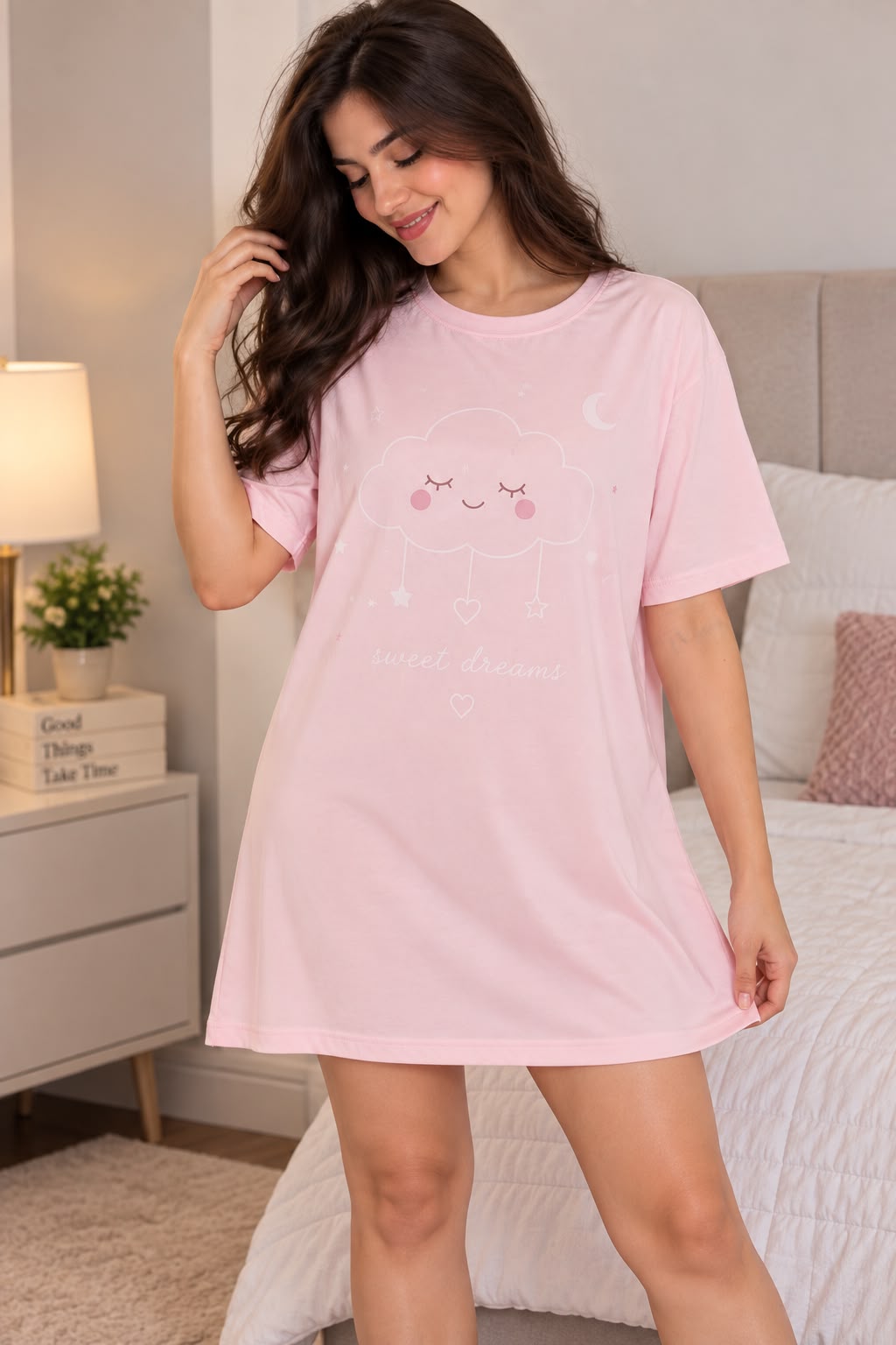 Women's Pink Cloud Print Short Nightdress