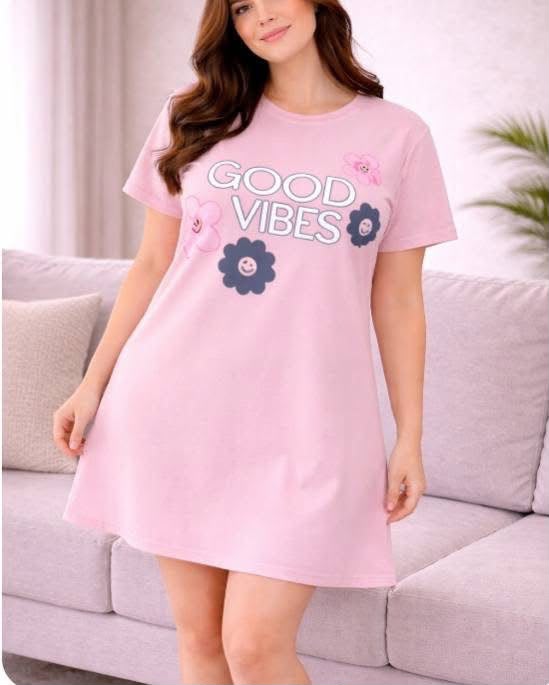 Women's Pink Good Vibes Print Short Nightdress
