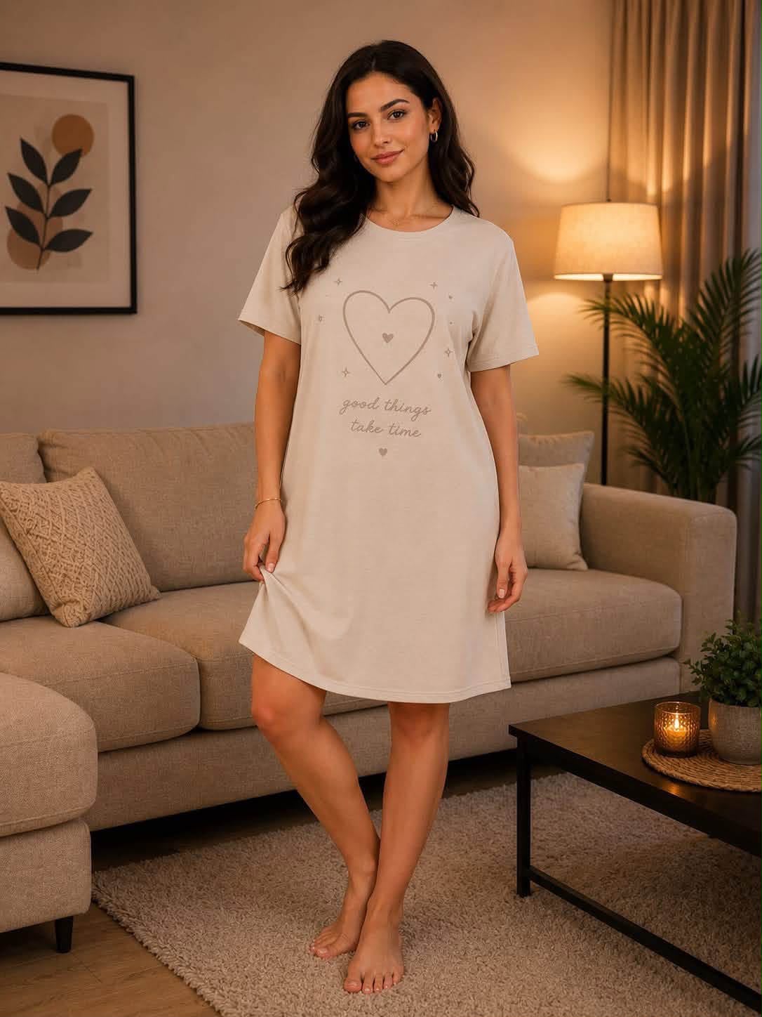 Women's Heart Print Short Sleeve Nightdress