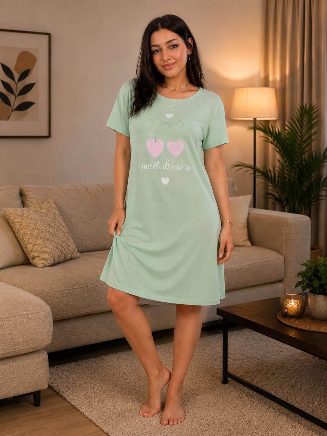Women's Mint Green Cherry Print Short Sleeve Nightdress