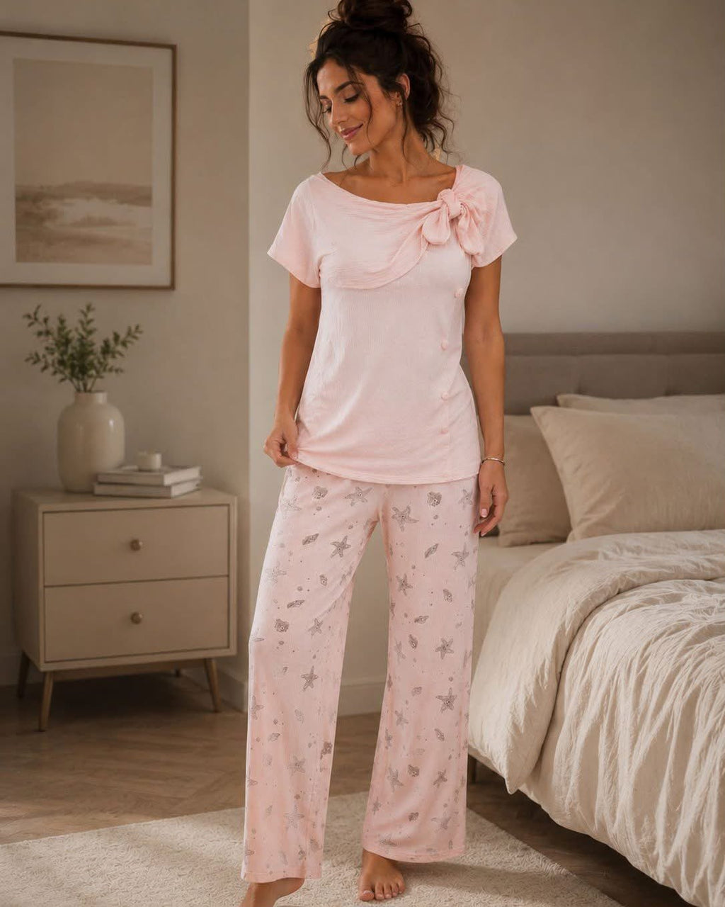 Women's Pink Bow Print 2-Piece Pajama Set