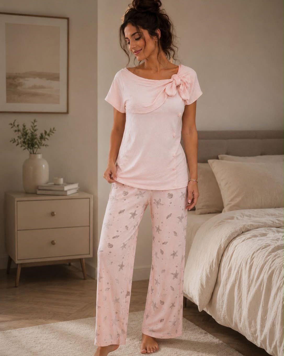 Women's Pink Bow Print 2-Piece Pajama Set