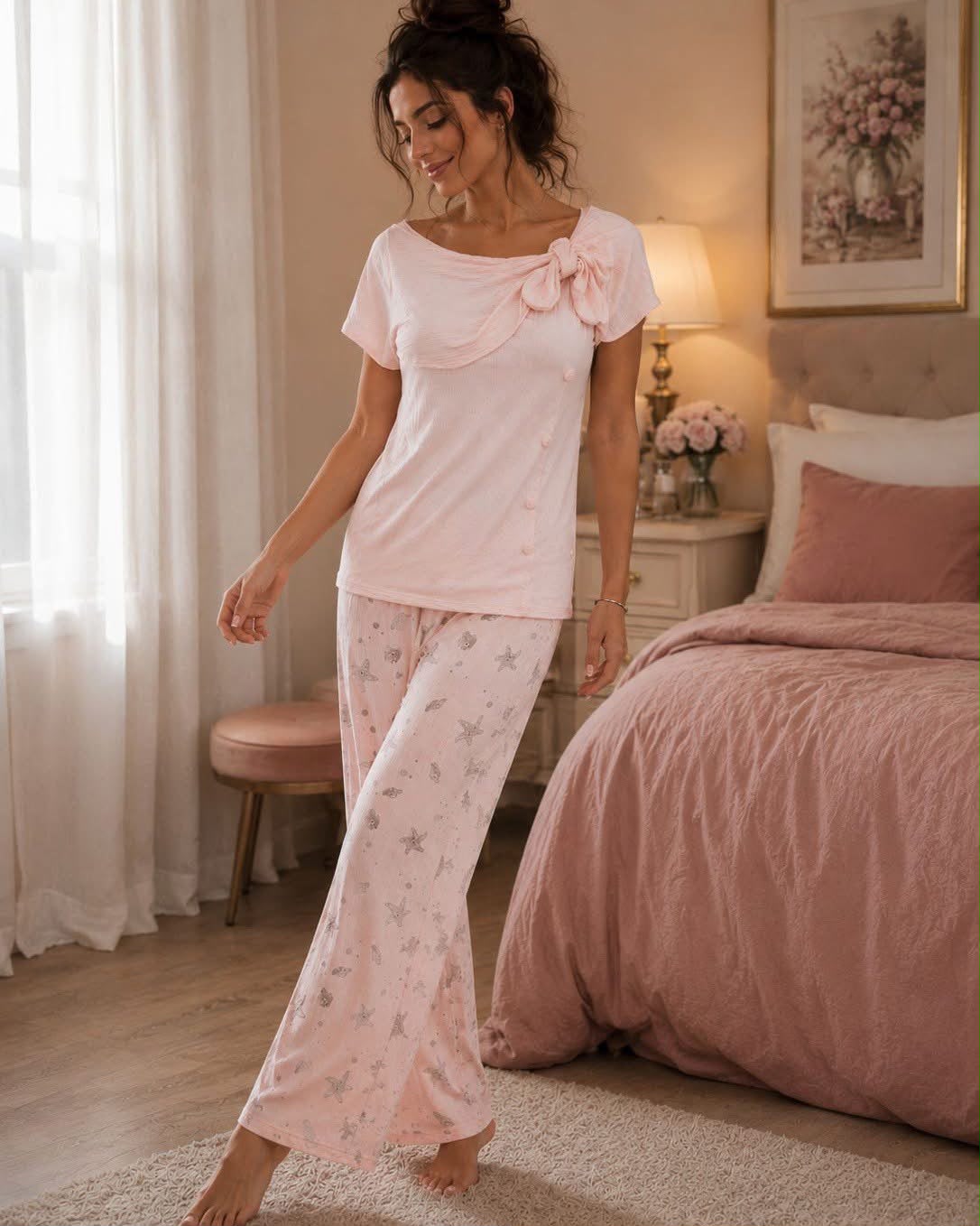 Women's Pink Bow Print 2-Piece Pajama Set