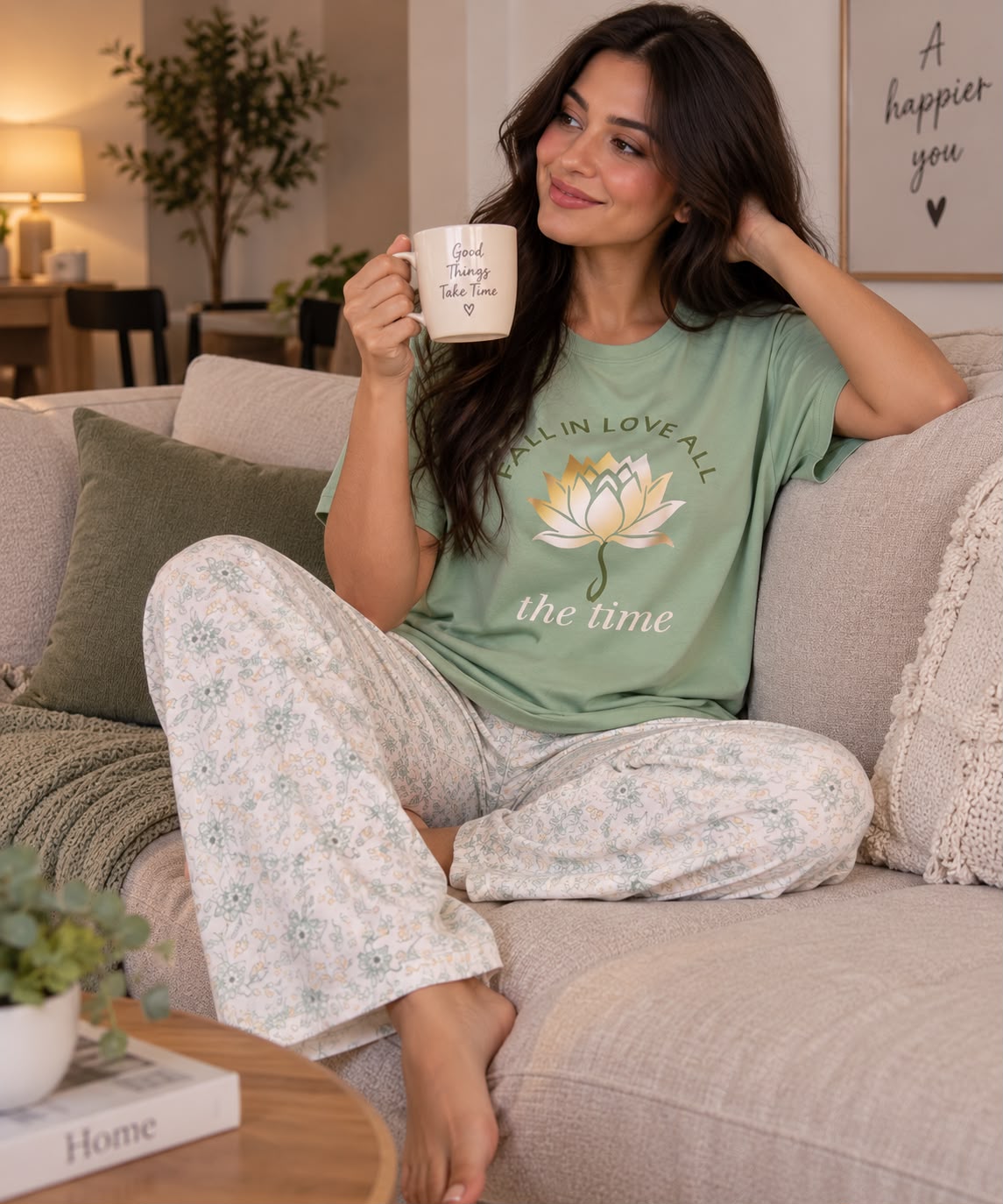 Women's Green Lotus Print 2-Piece Pajama Set