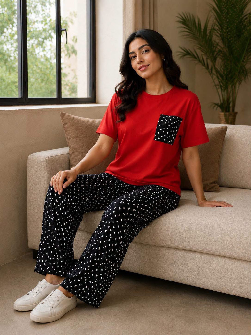 Women's Cotton Pajama Set - Red & Black Polka Dot