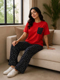 Women's Cotton Pajama Set - Red & Black Polka Dot