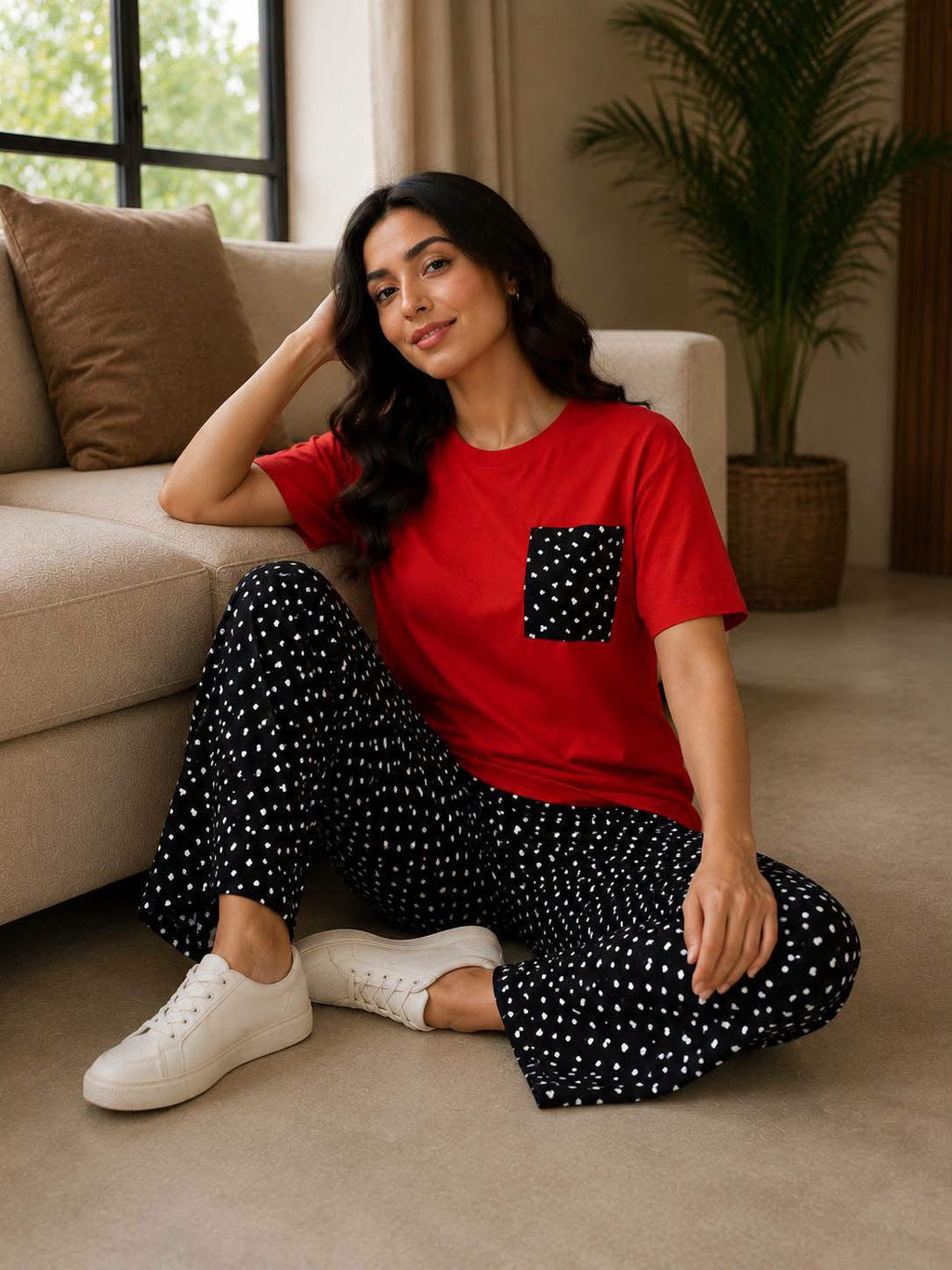 Women's Cotton Pajama Set - Red & Black Polka Dot