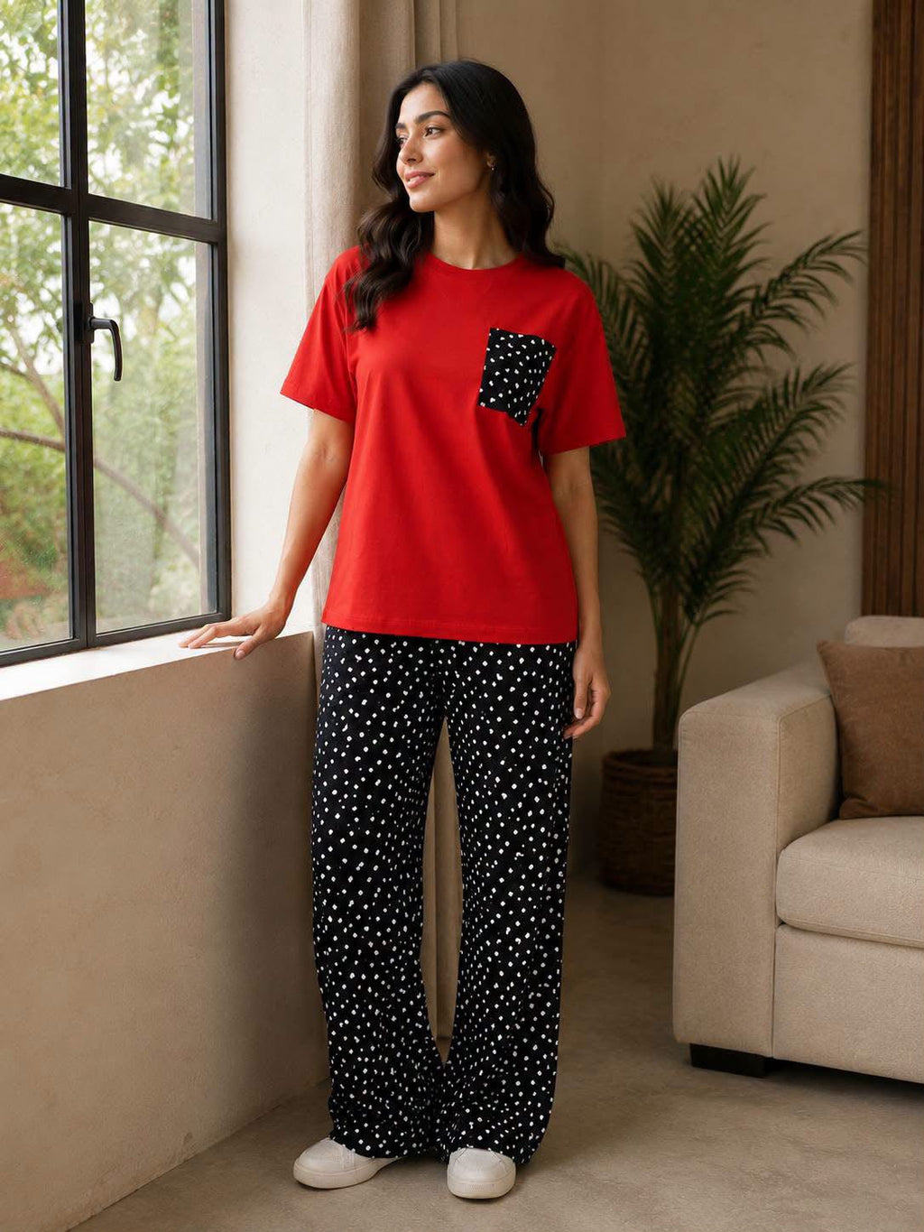 Women's Cotton Pajama Set - Red & Black Polka Dot