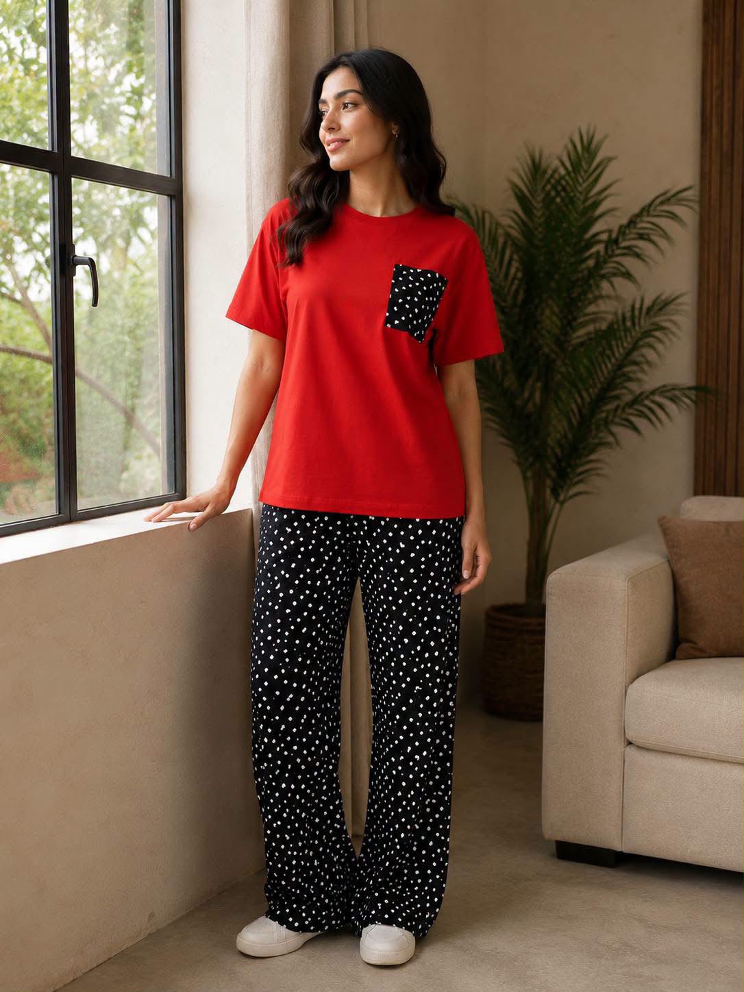 Women's Cotton Pajama Set - Red & Black Polka Dot